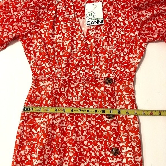 NWT Ganni Dress Abstract Floral Orange Dot Crepe Midi Size 2 - Picture 13 of 15